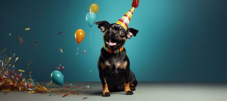 ai generado un perro en pie en un fiesta sombrero con rojo y amarillo arco en el medio, foto