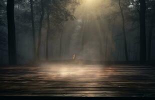 AI generated a wood table in a dark forest with lights photo