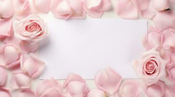 AI generated a blank white piece of paper surrounded by pink rose petals photo