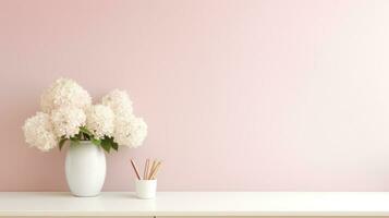 AI generated A minimalist white desk with a vase of fresh white hydrangeas photo