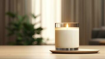 AI generated Generative AI, candle with label mockup. Aesthetic minimalistic composition blank, textile. Comfort, spa, relax and wellness concept. photo