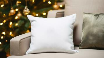 AI generated Generative AI, White pillow mockup on Christmas background with holiday decoration, copy space photo