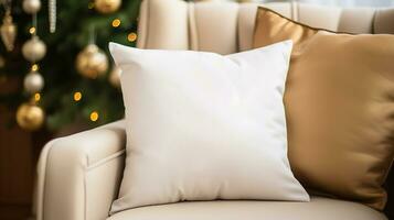 AI generated Generative AI, White pillow mockup on Christmas background with holiday decoration, copy space photo