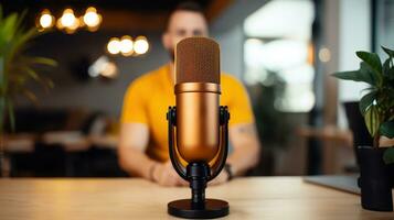AI generated Generative AI, Microphone for podcast, man recording audio, host streaming, blurred background photo