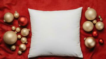 AI generated Generative AI, White pillow mockup on Christmas background with holiday decoration, copy space photo