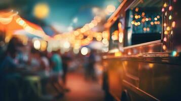 AI generated Generative AI, Food truck street festival, blurred lights background, atmospheric bokeh, muted colors photo