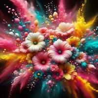 AI generated Explosion of colored powder in the form of flowers, abstract colored background photo