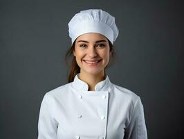 AI generated A caucasian boy dressed as a chef and preparing food in kitchen. photo