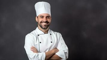 ai generado un caucásico chico vestido como un cocinero y preparando comida en cocina. foto