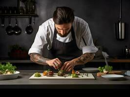 AI generated A caucasian boy dressed as a chef and preparing food in kitchen. photo