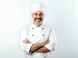 ai generado un caucásico chico vestido como un cocinero y preparando comida en cocina. foto