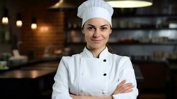 AI generated A caucasian boy dressed as a chef and preparing food in kitchen. photo