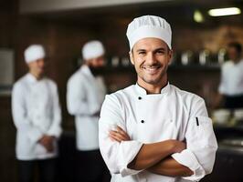 AI generated A caucasian boy dressed as a chef and preparing food in kitchen. photo