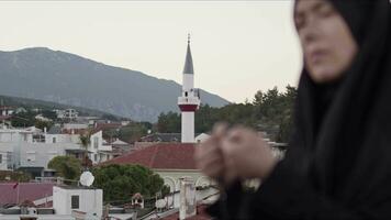 Blind Muslim Young Woman in Black Prayer Outfit and Mosque video