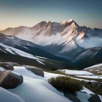 ai generado un sereno montaña pasar con nevadas picos foto