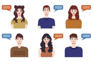 Set of young people avatars with speech bubbles. Vector illustration.