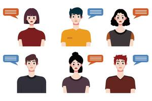 Set of young people avatars with speech bubbles. Vector illustration.