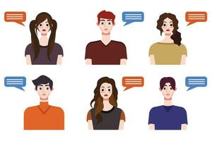 Set of young people avatars with speech bubbles. Vector illustration.