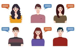 Set of young people avatars with speech bubbles. Vector illustration.