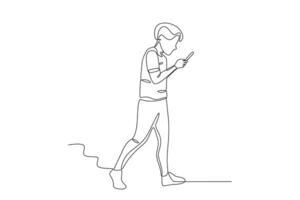 A boy playing cellphone while walking vector