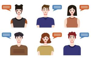 Set of young people avatars with speech bubbles. Vector illustration.