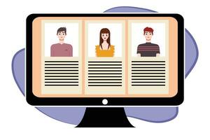 People in video conference on computer screen. Online meeting, video call concept. Vector illustration.