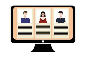 People in video conference on computer screen. Online meeting, video call concept. Vector illustration.