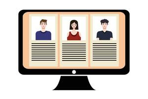 People in video conference on computer screen. Online meeting, video call concept. Vector illustration.