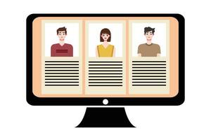 People in video conference on computer screen. Online meeting, video call concept. Vector illustration.