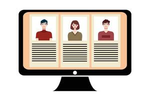 People in video conference on computer screen. Online meeting, video call concept. Vector illustration.