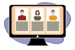 People in video conference on computer screen. Online meeting, video call concept. Vector illustration.