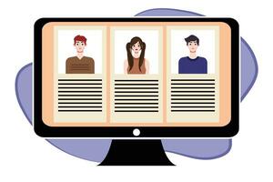 People in video conference on computer screen. Online meeting, video call concept. Vector illustration.