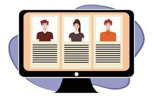 People in video conference on computer screen. Online meeting, video call concept. Vector illustration.