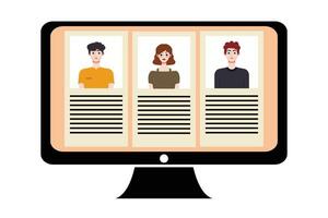 People in video conference on computer screen. Online meeting, video call concept. Vector illustration.