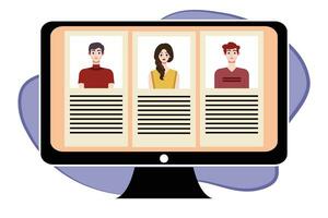 People in video conference on computer screen. Online meeting, video call concept. Vector illustration.