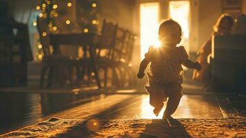 ai generado pequeño chico corriendo en el noche a hogar. concepto de contento familia foto