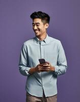 AI generated smiling asian man holding smartphone isolated on violet background photo