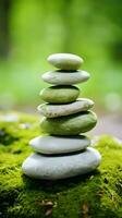 AI generated Stack of zen stones on green moss background. Zen concept photo