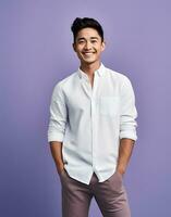 AI generated asian man smiling and looking at camera while standing against purple background photo