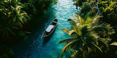 AI generated Aerial view of a small wooden boat in a turquoise tropical lagoon photo