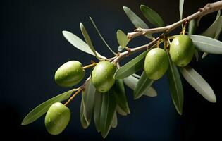 ai generado aceituna rama con verde aceitunas en un oscuro antecedentes de cerca foto