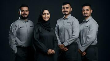 AI generated portrait of happy indian business team standing together over black background photo