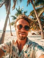 AI generated Handsome young man in sunglasses taking selfie on the beach photo