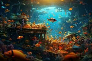 AI Generated Tropical sea underwater fishes on coral reef. Aquarium oceanarium wildlife colorful marine panorama landscape nature snorkel diving. AI Generative. photo