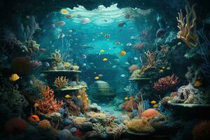 AI Generated Tropical sea underwater fishes on coral reef. Aquarium oceanarium wildlife colorful marine panorama landscape nature snorkel diving. AI Generative. photo