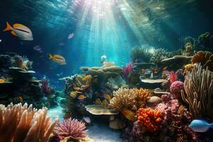 AI Generated Tropical sea underwater fishes on coral reef. Aquarium oceanarium wildlife colorful marine panorama landscape nature snorkel diving. AI Generative. photo