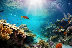 AI Generated Tropical sea underwater fishes on coral reef. Aquarium oceanarium wildlife colorful marine panorama landscape nature snorkel diving. AI Generative. photo