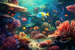 AI Generated Tropical sea underwater fishes on coral reef. Aquarium oceanarium wildlife colorful marine panorama landscape nature snorkel diving. AI Generative. photo