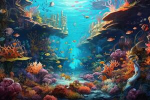 AI Generated Tropical sea underwater fishes on coral reef. Aquarium oceanarium wildlife colorful marine panorama landscape nature snorkel diving. AI Generative. photo