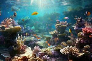 AI Generated Tropical sea underwater fishes on coral reef. Aquarium oceanarium wildlife colorful marine panorama landscape nature snorkel diving. AI Generative. photo